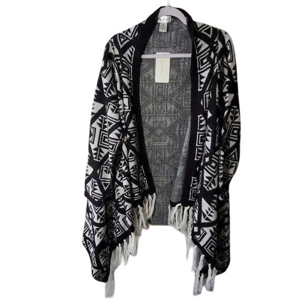 Say What 3X Black White Geometric Aztec Fringe Waterfall Cardigan Sweater